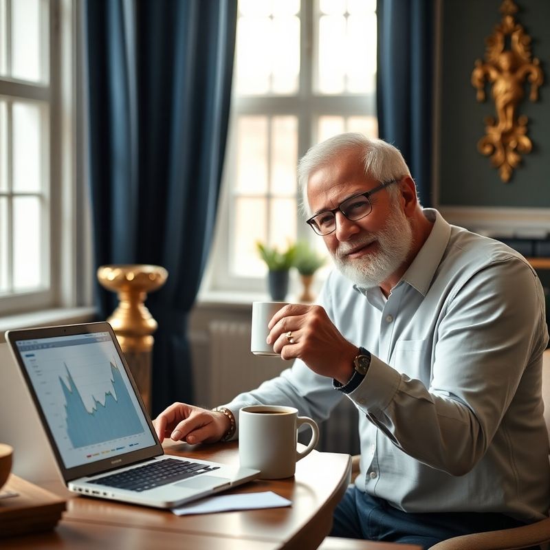 Senior u stolu s šálkem kávy a grafy na obrazovce notebooku