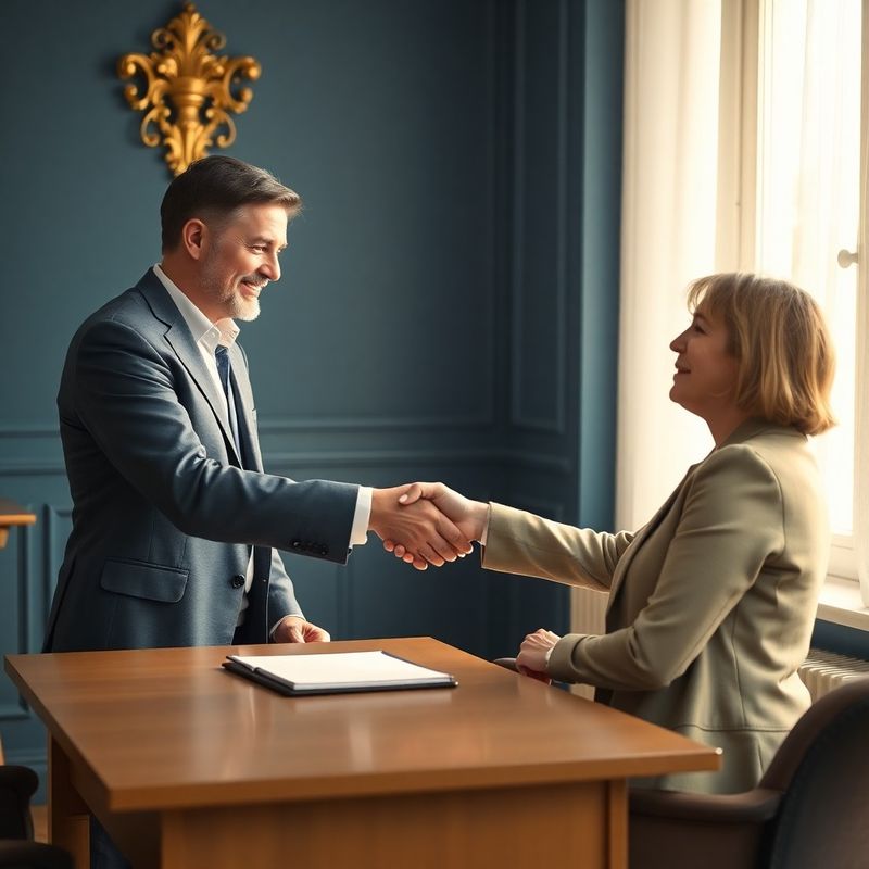 Finanční poradce a klient si podávají ruce u minimalistického stolu
